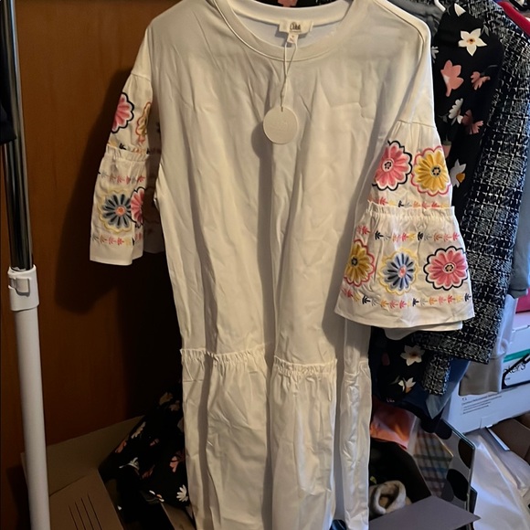 White Dress with Floral Sleeves - Picture 1 of 3